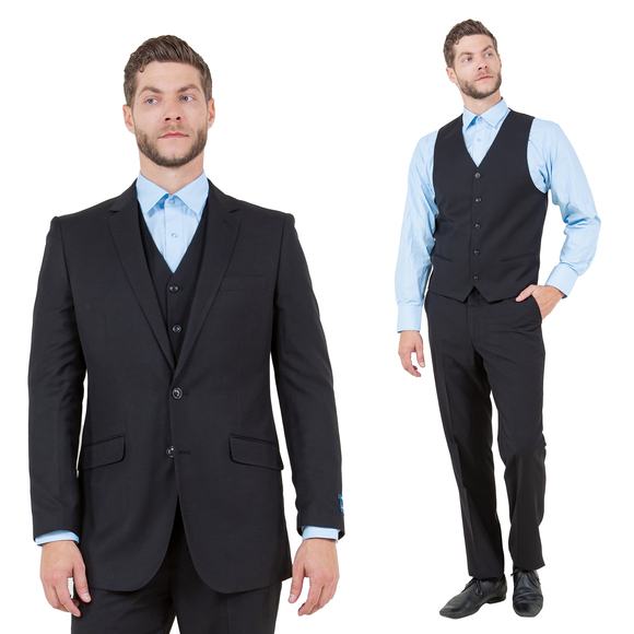 Modern Fit 3pc Wool Mens Suit Set by ZeGarie, Black - Picture 1 of 6